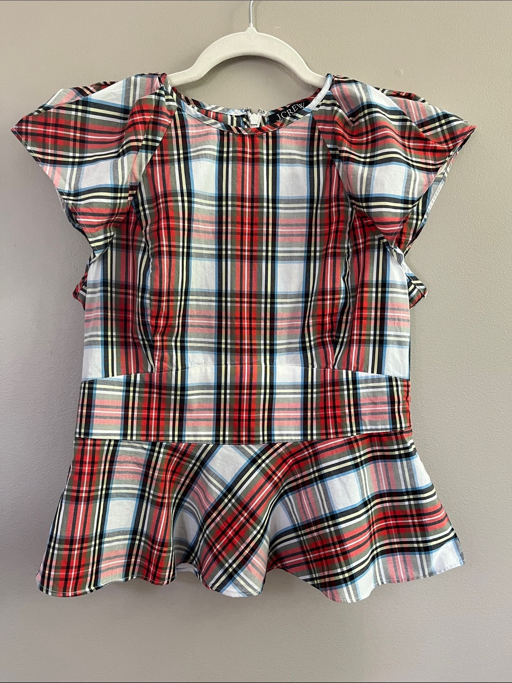 J Crew Cap-sleeve peplum top in Snowy Stewart tartan red white size 8